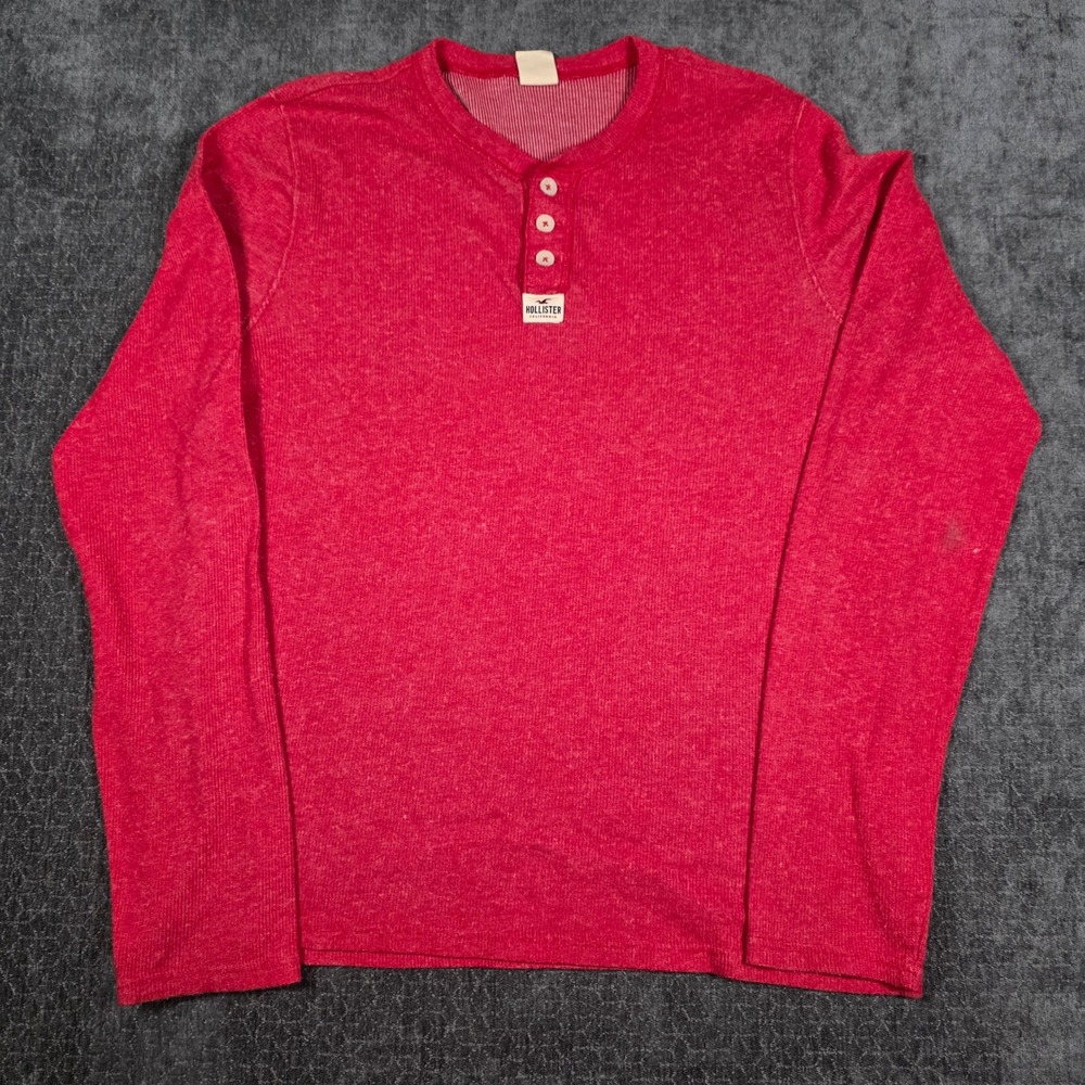 Hollister Mens XL Red Heathered Long Sleeve Henley Thermal Shirt Logo Patch